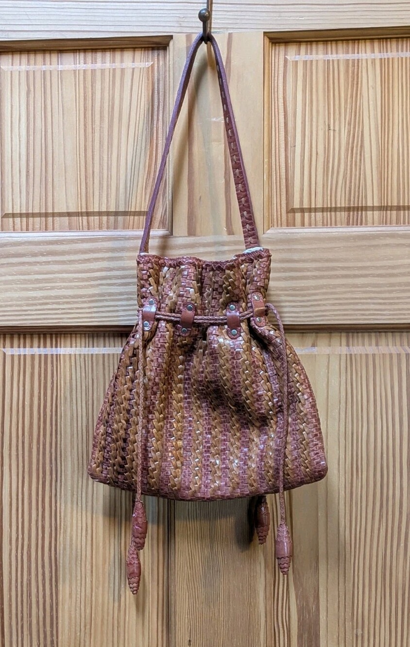 Martina Caponi Italy Brown Woven Braided Leather Bag Hobo Drawstring Polka Dot